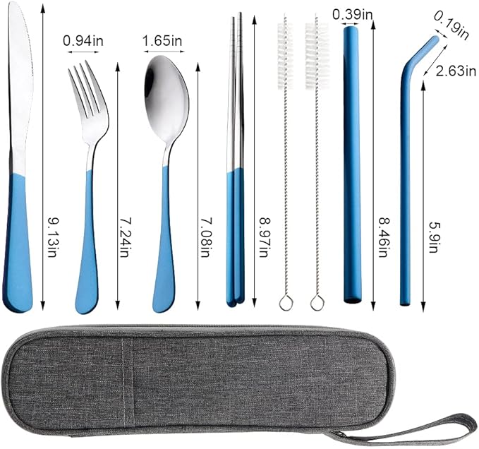 Travel Utensils with Case,Reusable Travel Cutlery Set with Case Stainless Steel Flatware Set for Camping 8pcs Including Dinner Knife Fork Spoon Chopsticks Boba Straw (Shining Blue)