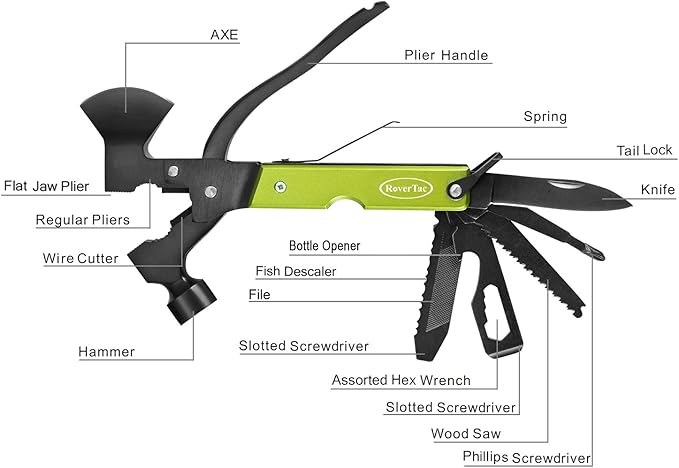 RoverTac Multitool Axe Hatchet, Camping Essentials Survival Gear, Gifts for Men, Mens Gifts Dad Gifts, Gifts for Men Husband Him, 14-in-1 Multi Tool Axe, Multitool Gifts for Camping Hiking Survival
