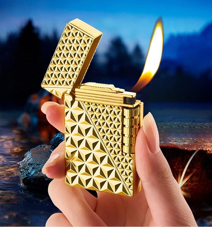 Lighters Soft Flame Lighter Traditional Flame Cigar Lighter with Adjustable Flame Dial Vertical Ignition Roller Good for Gift Outdoor Camping Hiking Fishing Grill Adventure Candle (Gold02)