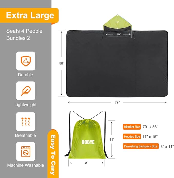 DOBYE Hooded Stadium Blanket, Large Waterproof Outdoor Fleece Blanket, Windproof Wearable Portable Warm Mat for Camping