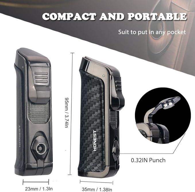 HONEST Triple Jet Torch Lighter Built-in Punch Visible Gas Window Refillable Gas Adjustable Flame Intensity Pocket Lighter Gift for Men BBQ Kitchen Fireplace Candle (Carbon Wrap)