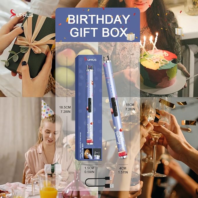 SUPRUS Candle Lighter Arc USB Lighter Electric Lighter with Upgraded LED Battery Display Safety Switch Rechargeable Flameless Plasma Windproof Portable for Birthday (Birthday Blue)