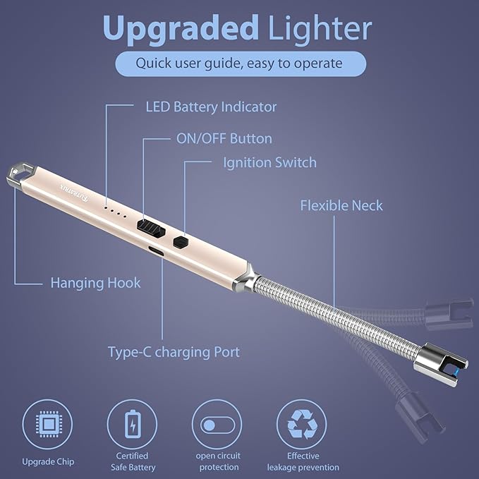 Electronic Candle Lighter Arc Windproof Flameless USB Rechargeable Electric Lighter (2 Pack - Champagne Gold)