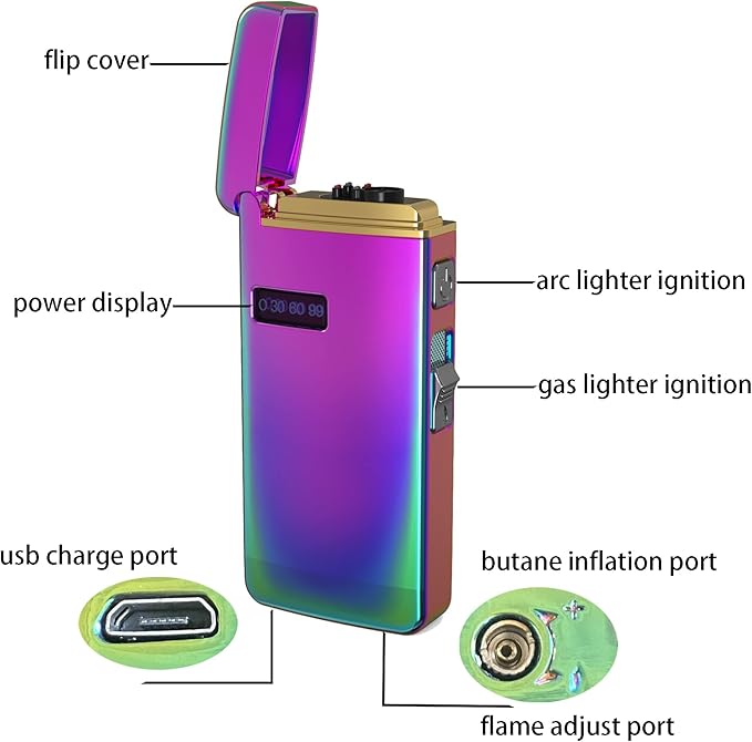 Electric Lighters 3 in 1 Rechargeable Windproof Butane Refillable,Dual Arc and Blue Jet Flame, USB Charge Type-C Cable in Gift Box, Gas Fuel Not Included