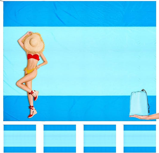 Batiyeer 4 Pcs Beach Blanket Sandproof Extra Large Beach Mat Anti Sand Waterproof Picnic Blanket Lightweight with 16 Stakes for Travel Camping Hiking Picnic (Lake Blue Dark Blue, 120 x 107 Inch)