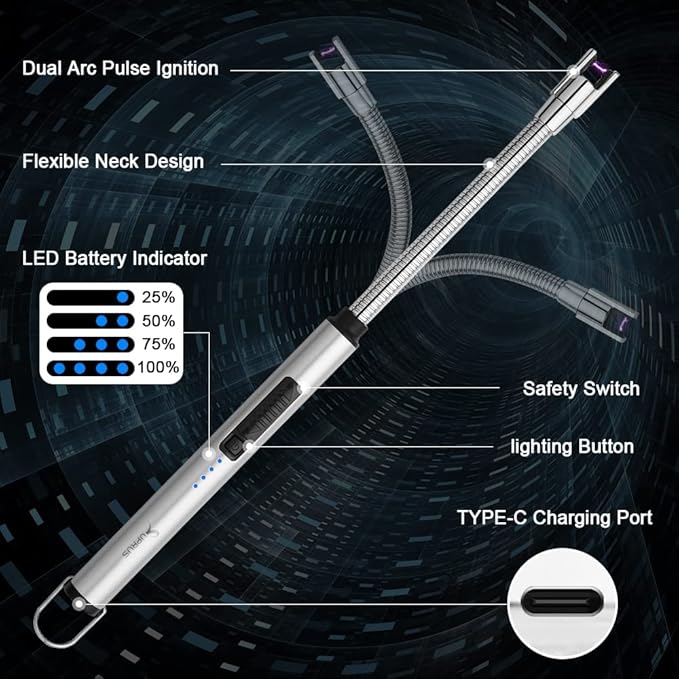 SUPRUS Electric Lighter Candle Lighter USB Type C Rechargeable Lighter Steel Shell & Hanging Hook with 360° Flexible Neck(Silver)