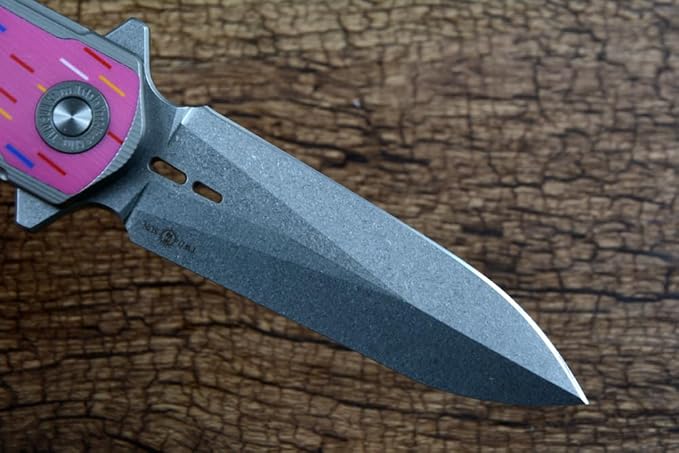 TWO SUN Spear Point 14C28N Folding Blade Hunting Knives Flipper Fast Open TC4 Titanium Handle TS514, pink