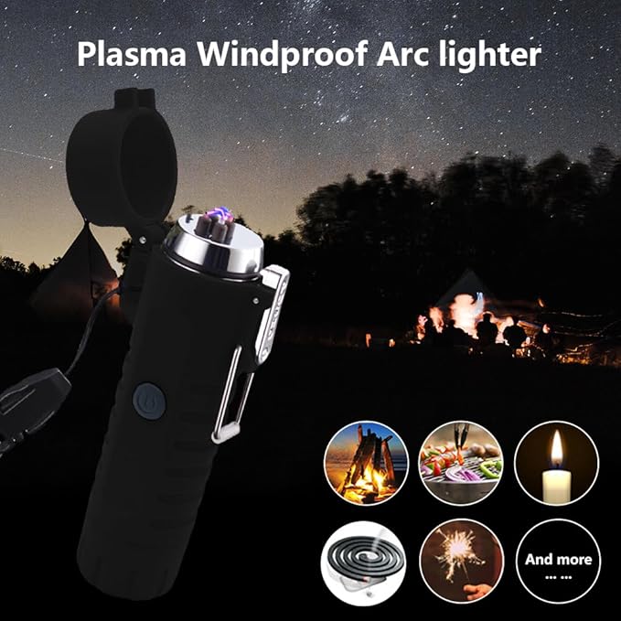 Electric Lighter Rechargeable, Waterproof Lighter Plasma Lighter with Flashlight Windproof ARC Lighter Flameless for Camping Hiking(Black)