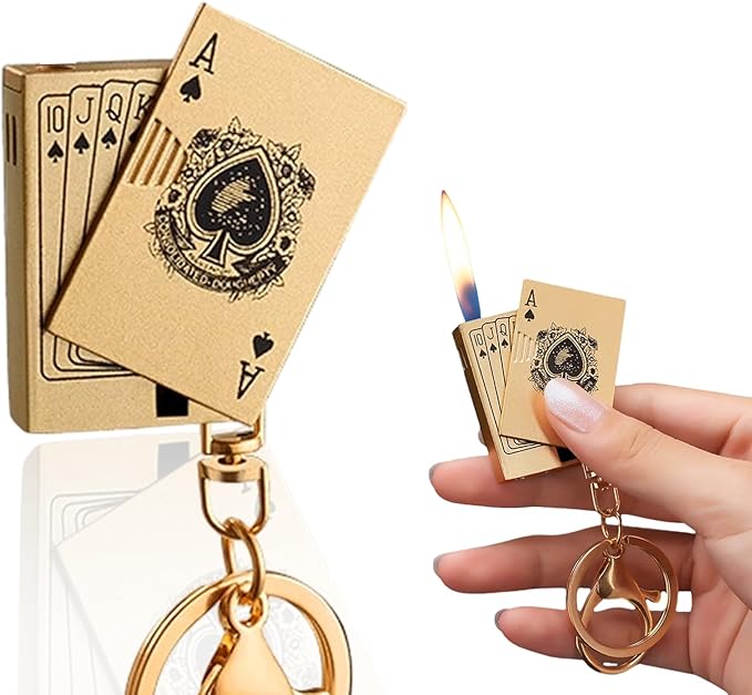 Soft Flame Butane Lighter Refillable Metal Poker Cards Lighters, Cool Keychains, Unique Gifts for Men, Birthday Candles, Camping Accessories, BBQ (No Butane Fuel) (Gold)