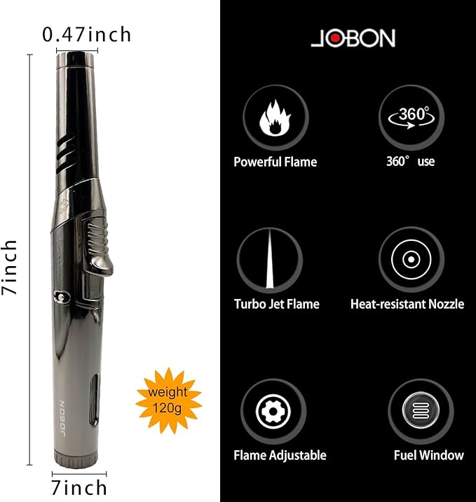 JOBON Torch Lighter, Adjustable Rotatable Lockable Jet Flame Refillable Long Pen Lighter with Gas Window for Candle Grill Baking Camping (Butane Not Included) (Black-Ice)