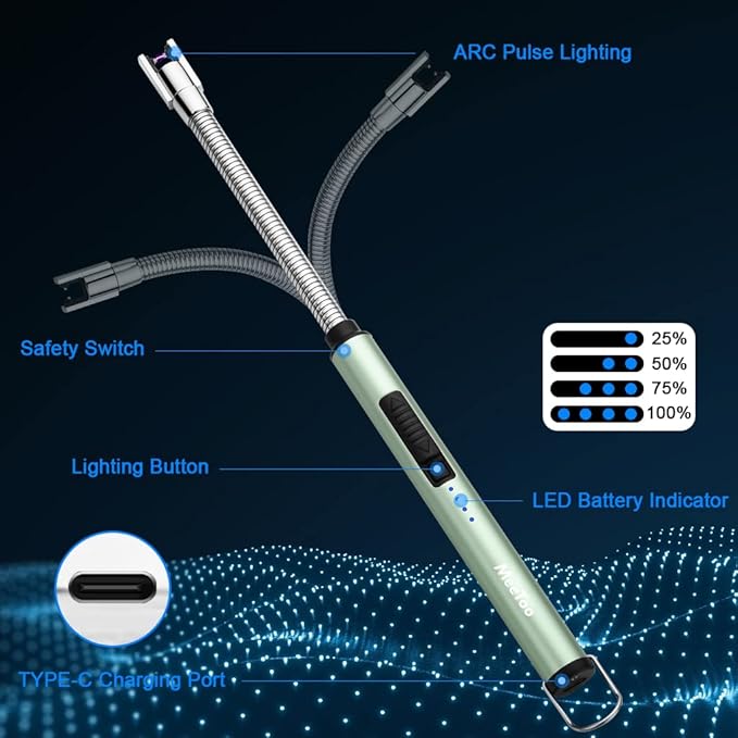 MeeToo Lighter Electric Candle Lighter Rechargeable USB Lighter Plasma Arc Lighter for Candle Camping (Green)