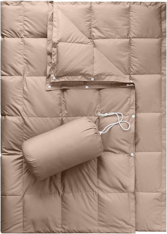 Down Camping Blanket,Puffy Down Blanket Packable Lightweight Down Throw Quilt Water-Resistant Outdoor Travel Blanket for Camping,Hiking,Stadium,Picnic,Car 50x77''Khaki