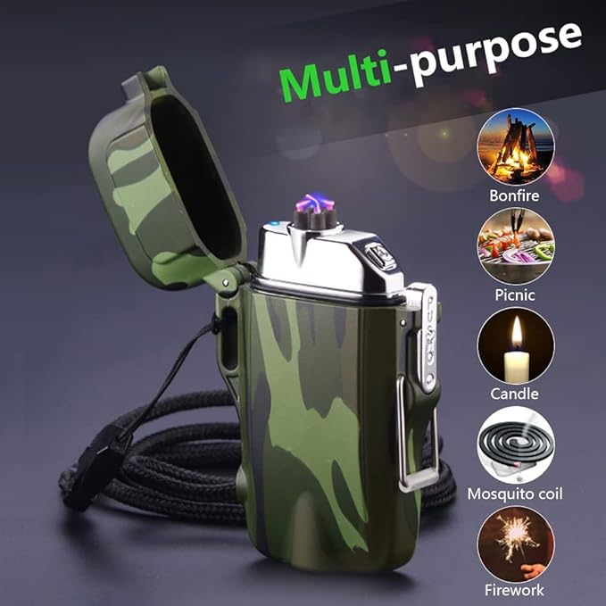 GADATOP Electric Lighter, Outdoor Waterproof Double arc Lighter Windproof Lighter, Rechargeable USB Lighter flameless Plasma Lighter with LED Torch with Lanyard (Camouflage)