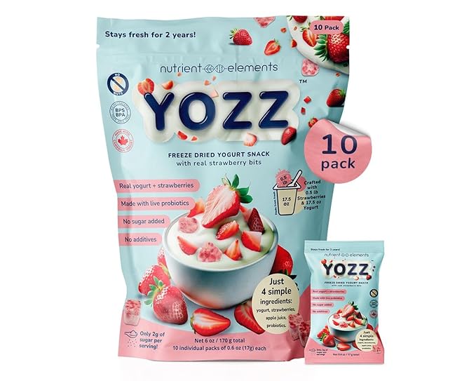 Yozz Freeze Dried Yogurt with Real Strawberry Bites - 10 Small Packs - Healthy Snacks with Probiotics, No Sugar Added For Adults, Babies, and Toddlers - Tastes Wow!