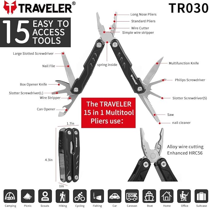 Multitool with Pocket Clip, Newest 15 in 1 Pocket Multifunctional Multi Tool .Stainless Steel Multi Tool Pocket Knife, Pliers Kit with Screwdriver, Self-locking, Survival, Camping, Hiking, TR030G