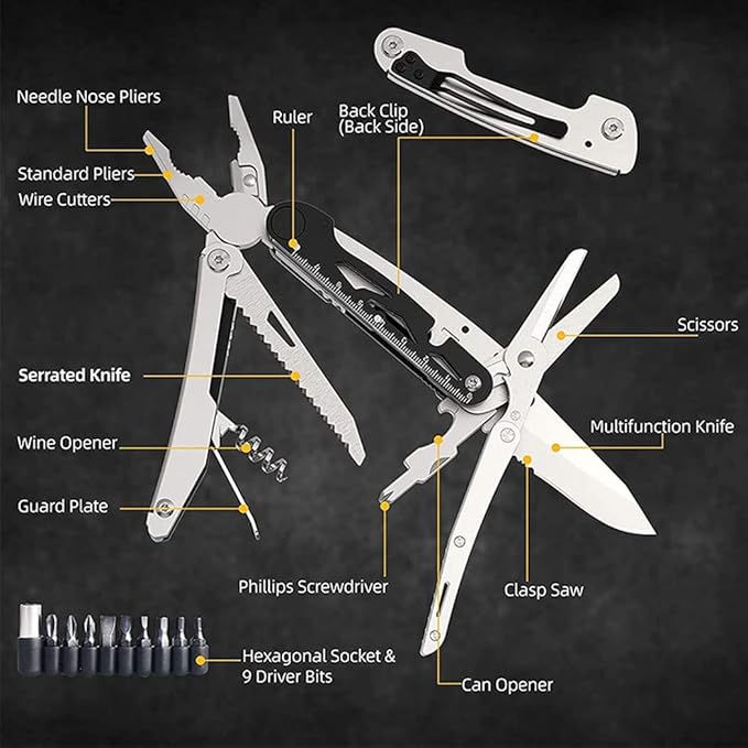 Pocket Knife Multitool, Tactical Utility Multi Tool Knife Set, Camping Survival Gear, Folding Knives with Blade, Plier, Screwdriver Bottle & Can Opener, Detachable Large Scissors Plier