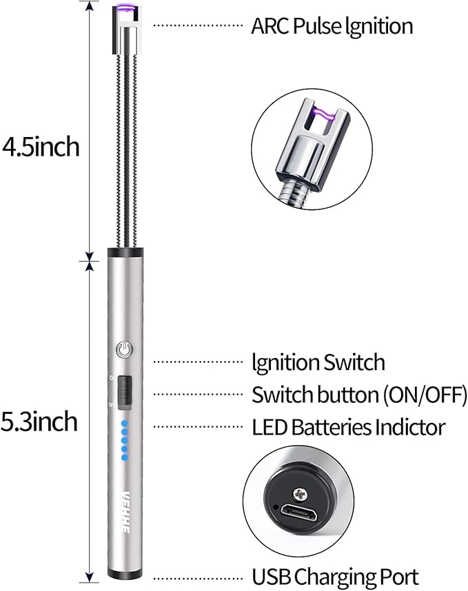 VEHHE USB Lighter, Rechargeable Arc Candle Lighter with LED Battery Display Flexible Neck Lighters Long for Grill Candles Gas Stoves Camping Barbecue