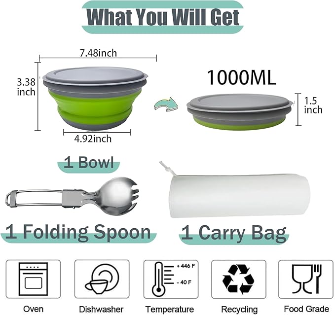RMAMSCOV Camping Bowl, 3 PCS Food Grade Silicone Collapsible Bowl Lunch Box Salad Bowl with Lid, Expandable Food Storage Containers Set with Free folding tableware and storage bag (Green-1000ml)