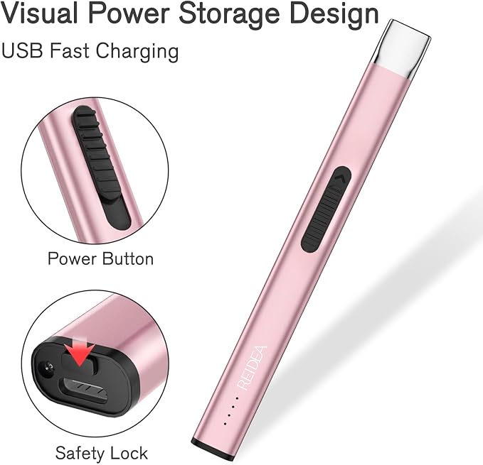 REIDEA Electric Lighter R1 Flat Candle Lighter, Windproof Flameless USB Rechargeable Arc Lighter with Safe Button and Power Indicator for Candle, BBQ and Fireworks, Rose Gold