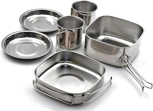 Backpacking Camping Cookware Mini Picnic Camping Cooking Mess Kit, Stainless Steel Pots Pan Plates Set for Hiking, Backpacking, Bushcraft and Picnic, Camping, Included Carry Bag