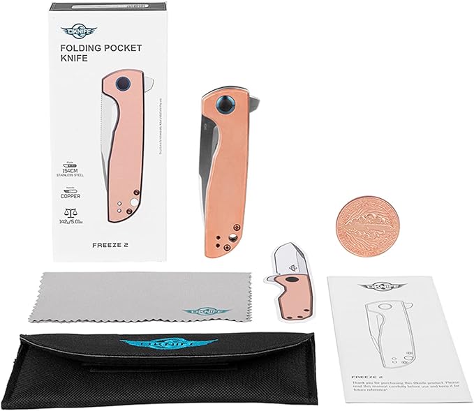 OKNIFE Freeze 2 Folding Knife, EDC Pocket Knife with Copper Handle, 154CM Steel Blade and Ceramic Ball-Bearing Washer for Camping, Hiking