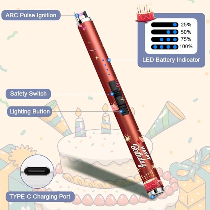 SUPRUS Candle Lighter Arc USB Lighter Electric Lighter with Upgraded LED Battery Display Safety Switch Rechargeable Flameless Plasma Windproof Portable for Birthday (Birthday Red)