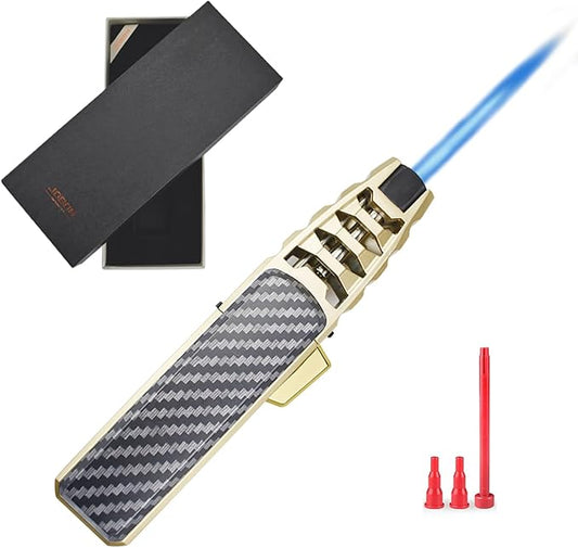 DOUBFIVSY Jet Torch Butane Lighter with Gift Box, Bright Fire Lighter Windproof Refillable Butane Lighter Adjustable Flame Lighters for Cigar Grill BBQ Kitchen Cooker(Butane Gas Not Included) (Golden)