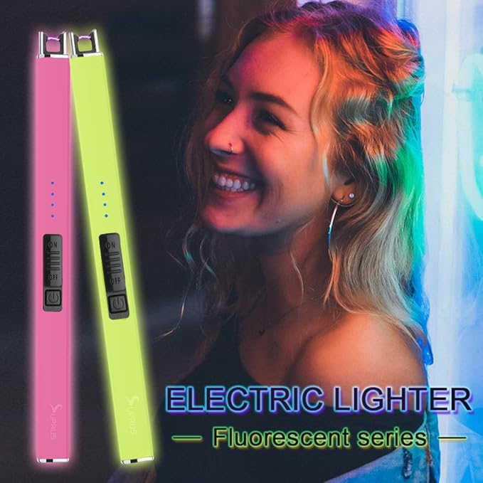 SUPRUS Fluorescent Lighter Glows in The Dark Electric Lighter Candle Lighter Rechargeable USB Arc lighters with Safety Lock Windproof Flameless Plasma for Candle BBQ Camping (Pink)