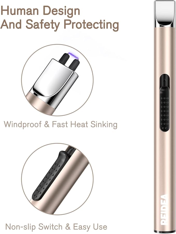 REIDEA Lighter 2 Pack Electronic Candle Lighter Arc Windproof Flameless USB Rechargeable Lighter with Safe Button for Home Kitchen (Champagne and Rose Gold)