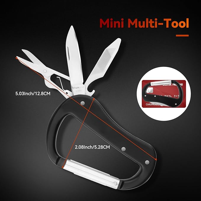 Multitool Carabiner with Pocket Knife, Bottle Opener,Nail file,Small Scissors,EDC Carabiners Keychain with Folding Knives,Auxiliary Tools for Camping,Hiking,Outdoor Activities(Black)