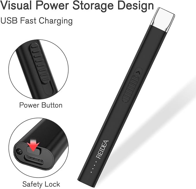 REIDEA 2 Pack Electric Lighter R1 Flat Candle Lighter, Windproof Flameless USB Rechargeable Arc Lighter with Safe Button and Power Indicator for Candle, BBQ and Fireworks, Obsidian Black