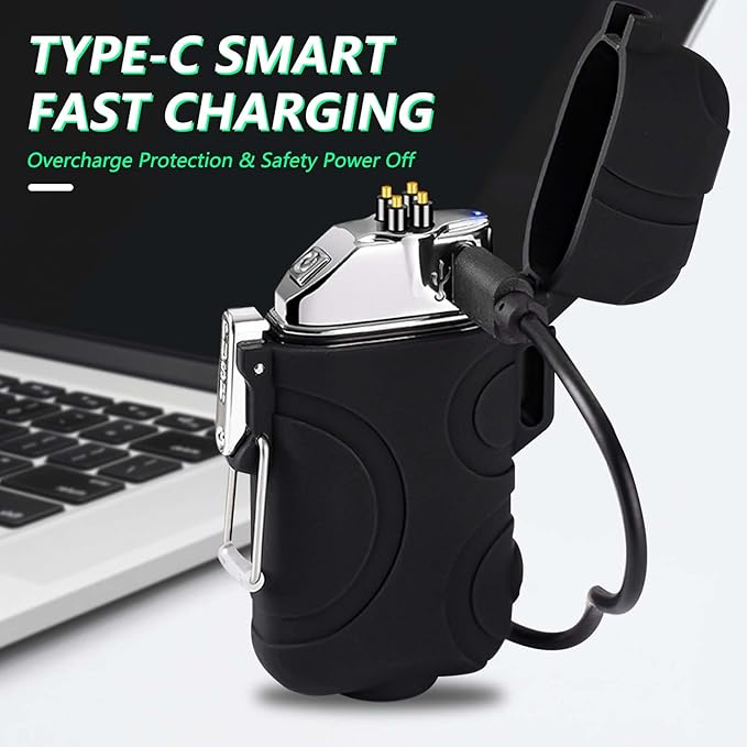 BABOBIU Electric Lighter Plasma Lighter Windproof Waterproof Camping Lighter USB Rechargeable Lighter with Type-C Fast Charging Gift for Men, Father, Husband (Black)