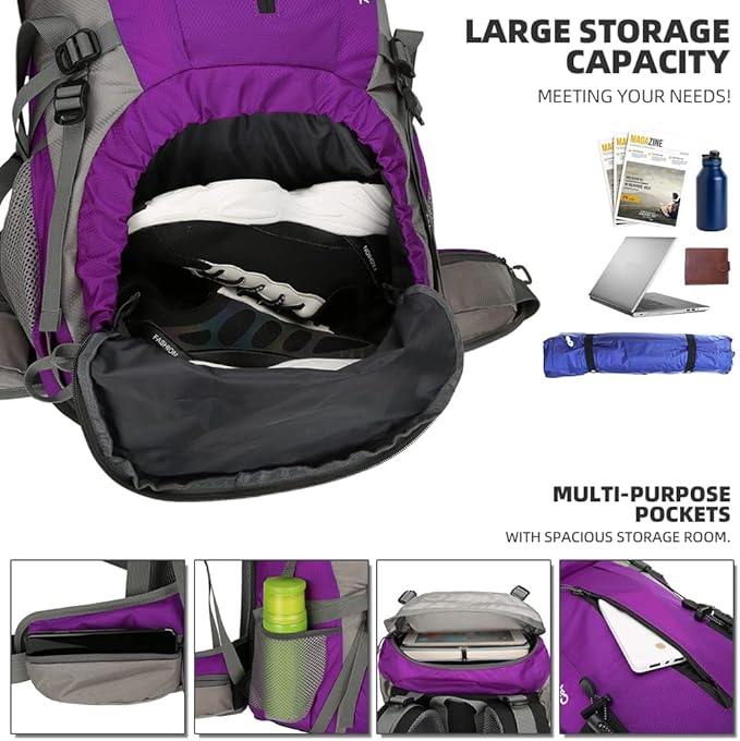 King'sGuard 70L Hiking Backpack Large Lightweight Waterproof Camping Backpack Travel Backpacking Backpack Daypack with Rain Cover -Frameless (Purple)