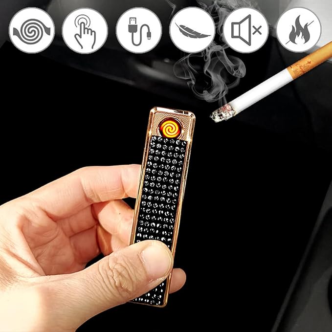 Rhinestone Lighter Electric Lighter Rechargeable Bling Glitter USB Lighter Flameless Girls Lighter for Women (Black)