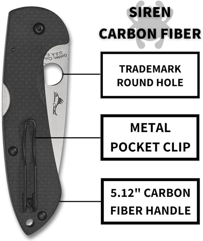 Spyderco Siren Carbon Fiber Folding Pocket Knife with 3.60 Inch Stainless Steel and Carbon Fiber Handle - PlainEdge - C247CFP