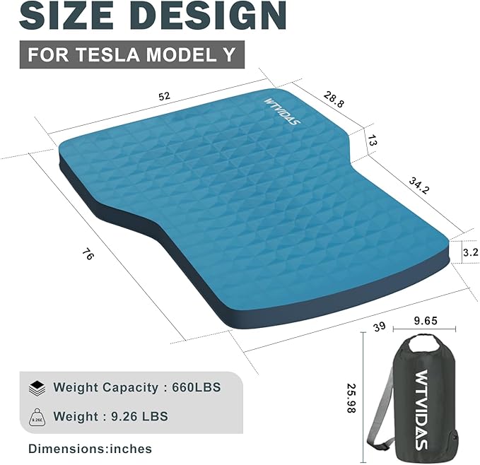 Tesla Model Y Mattress with Solid Foam & Air Pump,Portable SUV Car Mattress,Sleeping Pad for Camping,3.2”Thick