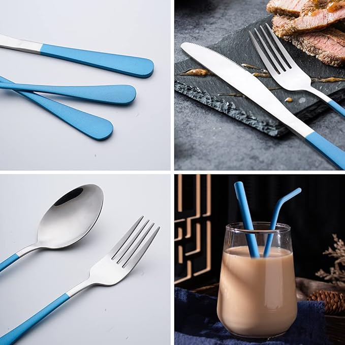 Travel Utensils with Case,Reusable Travel Cutlery Set with Case Stainless Steel Flatware Set for Camping 8pcs Including Dinner Knife Fork Spoon Chopsticks Boba Straw (Shining Blue)