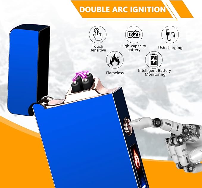 GADATOP Arc Lighter Rechargeable Windproof Flameless Electric Lighters for Outdoors Camping Hiking, Plasma Lighter with LED Battery Indicator and Gift Box (Blue)