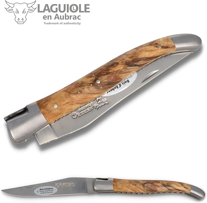 Laguiole en Aubrac Handmade French Knife 12 cm - Double platines - Aubrac Beech Wood Handle - Blade and bolsters Stainless Steel