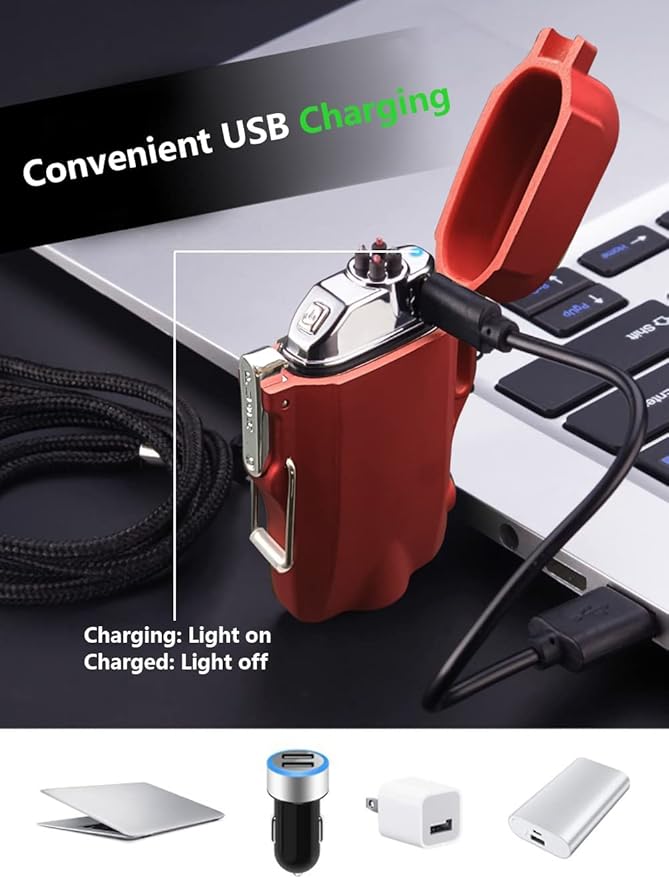 GADATOP Electric Lighter, Outdoor Waterproof Double arc Lighter Windproof Lighter, Rechargeable USB Lighter flameless Plasma Lighter with LED Torch with Lanyard, Suitable for Camping, Hiking (Red)