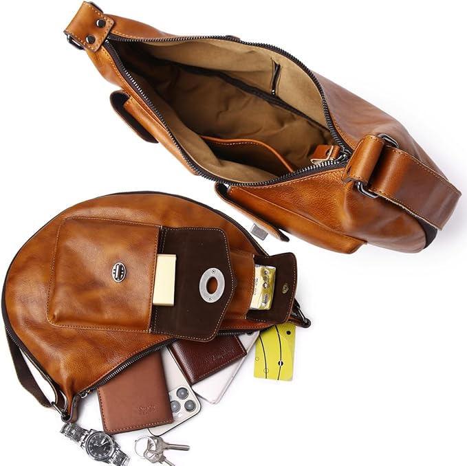 KPYWZER Genuine Leather Sling Bag for Men Women Crossbody Purse Chest Bag Shoulder Backpack Motorcycle Pack Satchel Casual Hiking Travel Daypack