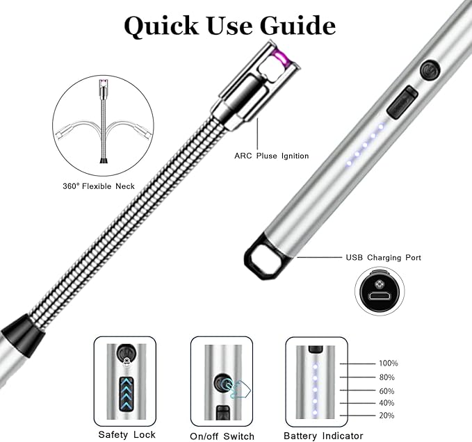 Candle Lighter Electric Lighter Rechargeable Arc Lighter with LED Battery Display360° Flexible Neck Flameless Grill Long Lighters for Light Candles Gas Stoves Camping Barbecue. (Silver)