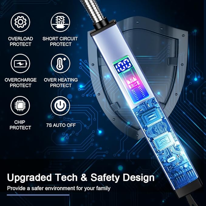 SUPRUS Electric Candle Lighter USB-C Rechargeable with Digital Battery Display Ambient Lighting Safety Switch 360° Flexible Neck Flameless Plasma Windproof Perfect for Candle BBQ Camping (Blue)