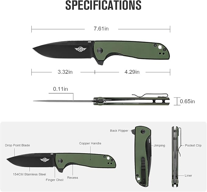 OKNIFE Freeze 2 EDC Folding Knife, Pocket Knife for Men 154CM Steel Blade Liner Lock Outdoor Knives Camping, Hiking (OD Green)