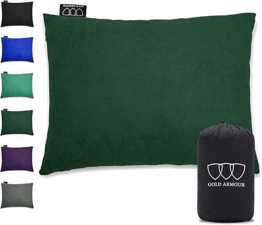 Gold Armour Camping Pillow Memory Foam - Compact Compressible Backpacking, Hammock, and Travel Pillows for Kids and Adults - Essential Outdoor & Camping Gear (Medium 14x18in, Green)