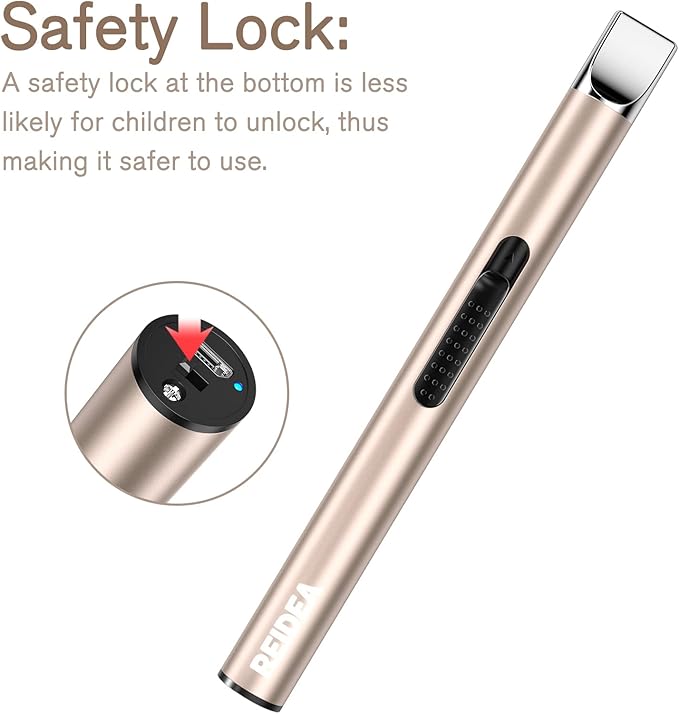 REIDEA Lighter S4 Electronic Candle Lighter USB Rechargeable with Security Lock, Windproof Fast Heat Sinking, Non-Slip Switch Electronic Lighter for Candle, Grill, Camping (Champagne Gold + White)