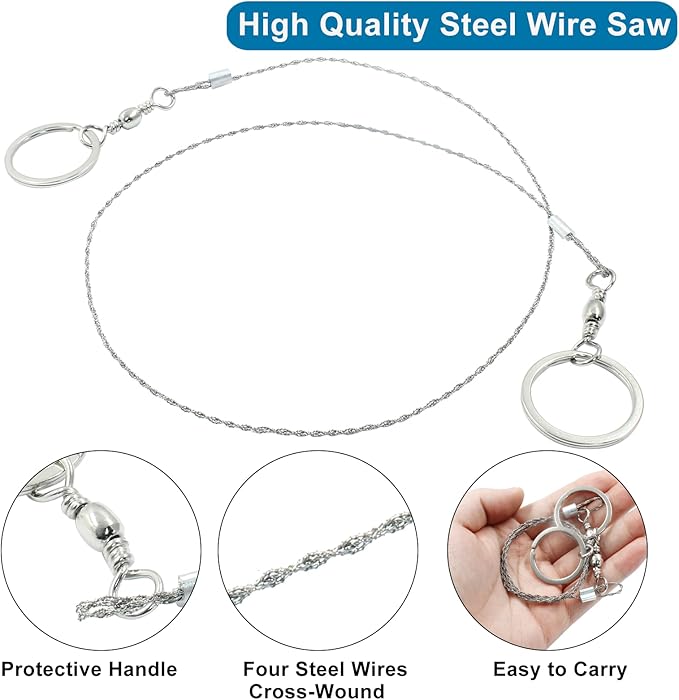 3 Pcs Stainless Steel Survival Wire Saw 21.65 Inch, Garrote Wire Cable Saw String Saw, Emergency Pocket Saw Rope Saw Hand Tool for Wood Cutting Hiking Hunting