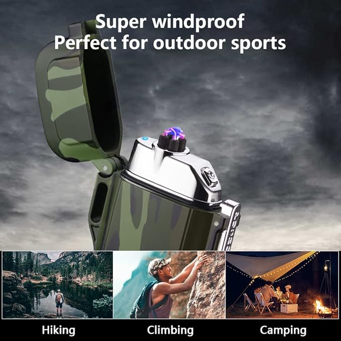 GADATOP Electric Lighter, Outdoor Waterproof Double arc Lighter Windproof Lighter, Rechargeable USB Lighter flameless Plasma Lighter with LED Torch with Lanyard (Camouflage)