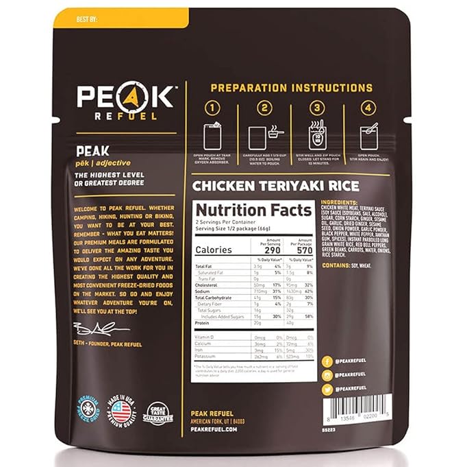 Peak Refuel Chicken Teriyaki Rice 6 Pack | Premium Freeze Dried Camping Food | Backpacking & Hiking MRE Meals | Just Add Water | 100% Real Meat | 240g of Protein | Pouch (Teriyaki - 6 Pack)