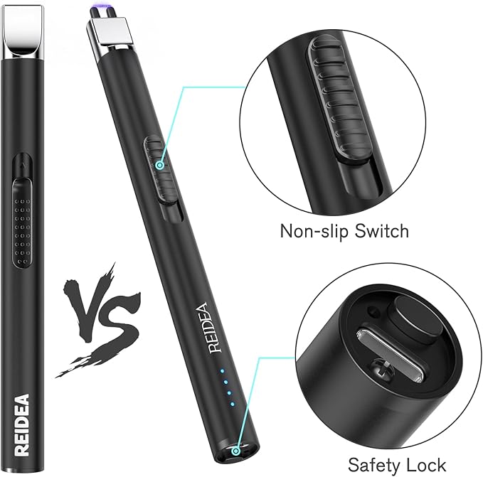 REIDEA Lighters 2 Pack S4 Pro Electric USB Rechargeable Safety Lock with LED Battery Indicator Flameless Windproof Arc Plasma Lighter for Candle (Obsidian Black)